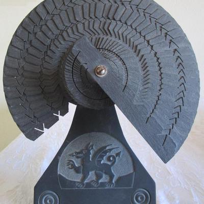 Vintage Slate decorative fan sculpture with dragon sculpted on it