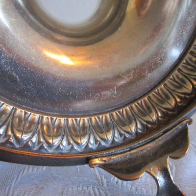 Silver-plated serving piece R173 with feet 9" tall x 15-1/2" handle to handle, insert is glass