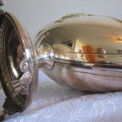 Silver-plated serving piece R173 with feet 9" tall x 15-1/2" handle to handle, insert is glass