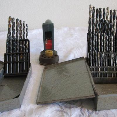 Vintage drill guide, 2 drill bit sets, various sizes
