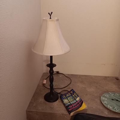 VINYL OFFICE ARM CHAIR, THROW RUG, LAMP, WALL CLOCK