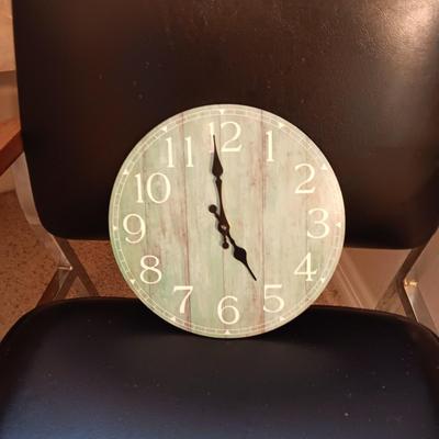 VINYL OFFICE ARM CHAIR, THROW RUG, LAMP, WALL CLOCK