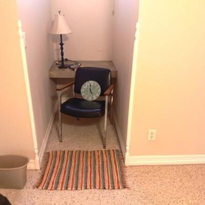 VINYL OFFICE ARM CHAIR, THROW RUG, LAMP, WALL CLOCK