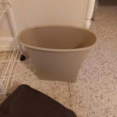 SMALL SHELF ON CASTERS, BAROMETER, CLOCK, TRASH CAN, STEP STOOL & SUNGLASSES