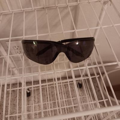 SMALL SHELF ON CASTERS, BAROMETER, CLOCK, TRASH CAN, STEP STOOL & SUNGLASSES