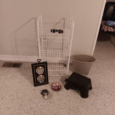 SMALL SHELF ON CASTERS, BAROMETER, CLOCK, TRASH CAN, STEP STOOL & SUNGLASSES