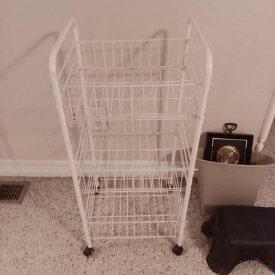 SMALL SHELF ON CASTERS, BAROMETER, CLOCK, TRASH CAN, STEP STOOL & SUNGLASSES
