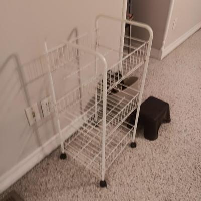 SMALL SHELF ON CASTERS, BAROMETER, CLOCK, TRASH CAN, STEP STOOL & SUNGLASSES