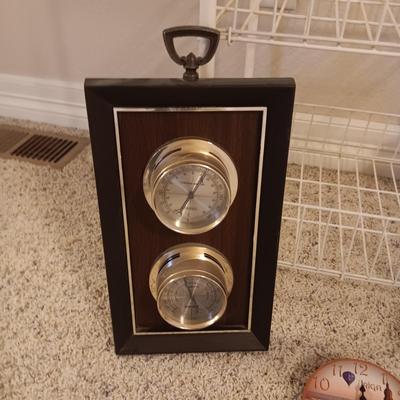 SMALL SHELF ON CASTERS, BAROMETER, CLOCK, TRASH CAN, STEP STOOL & SUNGLASSES