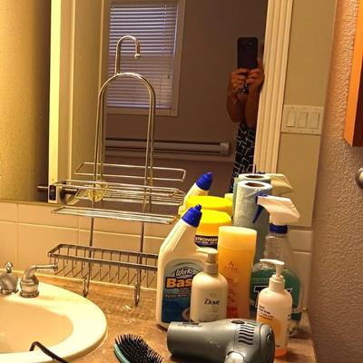 SHOWER CADDY, CLEANERS AND HAIR DRYER