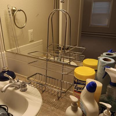 SHOWER CADDY, CLEANERS AND HAIR DRYER