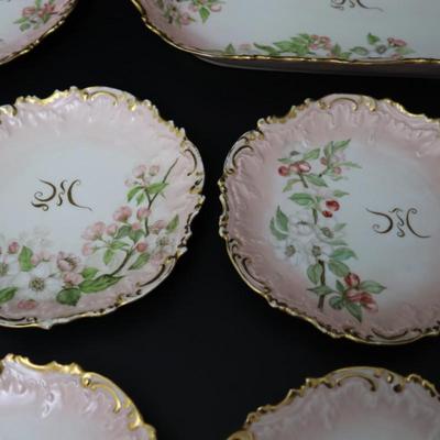 1892 Coiffe et Cie Limoges France 8 inch Set of 12 Plates and Serving Tray with 22KT Gold and Pink Cherry Blossoms Pattern