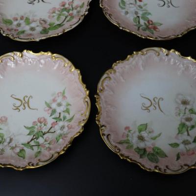 1892 Coiffe et Cie Limoges France 8 inch Set of 12 Plates and Serving Tray with 22KT Gold and Pink Cherry Blossoms Pattern