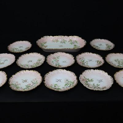 1892 Coiffe et Cie Limoges France 8 inch Set of 12 Plates and Serving Tray with 22KT Gold and Pink Cherry Blossoms Pattern