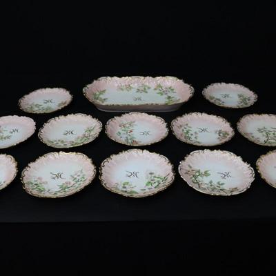 1892 Coiffe et Cie Limoges France 8 inch Set of 12 Plates and Serving Tray with 22KT Gold and Pink Cherry Blossoms Pattern