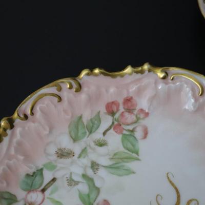 1892 Coiffe et Cie Limoges France 8 inch Set of 12 Plates and Serving Tray with 22KT Gold and Pink Cherry Blossoms Pattern