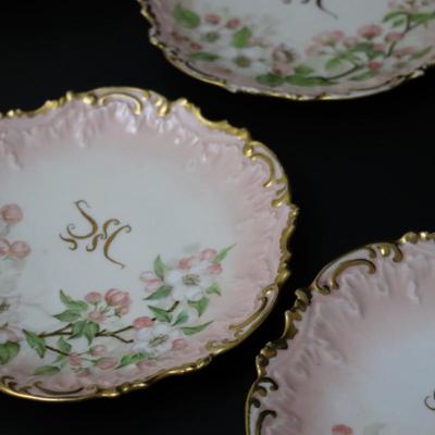 1892 Coiffe et Cie Limoges France 8 inch Set of 12 Plates and Serving Tray with 22KT Gold and Pink Cherry Blossoms Pattern