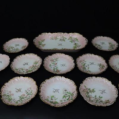 1892 Coiffe et Cie Limoges France 8 inch Set of 12 Plates and Serving Tray with 22KT Gold and Pink Cherry Blossoms Pattern
