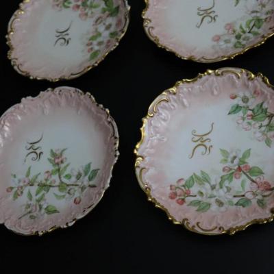 1892 Coiffe et Cie Limoges France 8 inch Set of 12 Plates and Serving Tray with 22KT Gold and Pink Cherry Blossoms Pattern