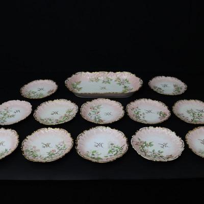 1892 Coiffe et Cie Limoges France 8 inch Set of 12 Plates and Serving Tray with 22KT Gold and Pink Cherry Blossoms Pattern