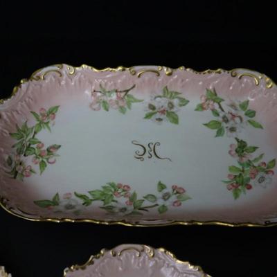 1892 Coiffe et Cie Limoges France 8 inch Set of 12 Plates and Serving Tray with 22KT Gold and Pink Cherry Blossoms Pattern