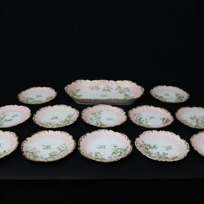 1892 Coiffe et Cie Limoges France 8 inch Set of 12 Plates and Serving Tray with 22KT Gold and Pink Cherry Blossoms Pattern
