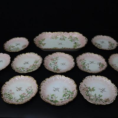 1892 Coiffe et Cie Limoges France 8 inch Set of 12 Plates and Serving Tray with 22KT Gold and Pink Cherry Blossoms Pattern