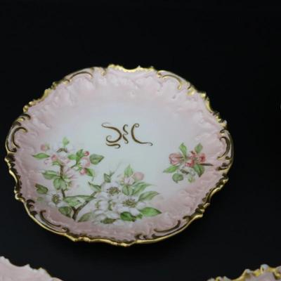 1892 Coiffe et Cie Limoges France 8 inch Set of 12 Plates and Serving Tray with 22KT Gold and Pink Cherry Blossoms Pattern