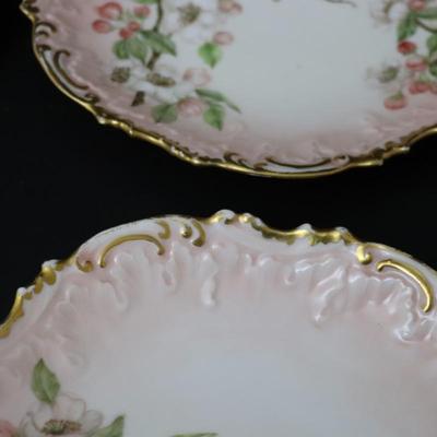 1892 Coiffe et Cie Limoges France 8 inch Set of 12 Plates and Serving Tray with 22KT Gold and Pink Cherry Blossoms Pattern