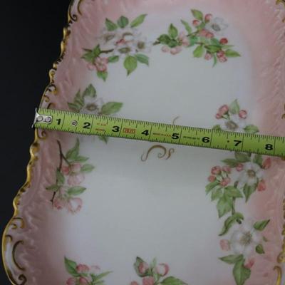 1892 Coiffe et Cie Limoges France 8 inch Set of 12 Plates and Serving Tray with 22KT Gold and Pink Cherry Blossoms Pattern
