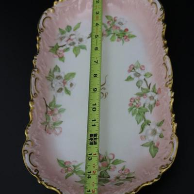 1892 Coiffe et Cie Limoges France 8 inch Set of 12 Plates and Serving Tray with 22KT Gold and Pink Cherry Blossoms Pattern