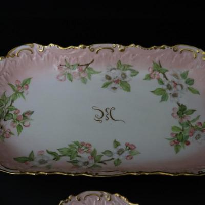 1892 Coiffe et Cie Limoges France 8 inch Set of 12 Plates and Serving Tray with 22KT Gold and Pink Cherry Blossoms Pattern