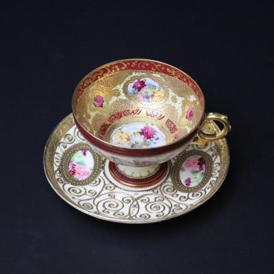 Rare Maple Leaf Stamp Antique Nippon Hand Painted Gold Red Pink Yellow Roses Ornate Teacup and Saucer Plate