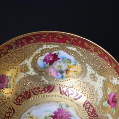 Rare Maple Leaf Stamp Antique Nippon Hand Painted Gold Red Pink Yellow Roses Ornate Teacup and Saucer Plate