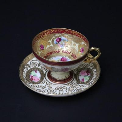 Rare Maple Leaf Stamp Antique Nippon Hand Painted Gold Red Pink Yellow Roses Ornate Teacup and Saucer Plate