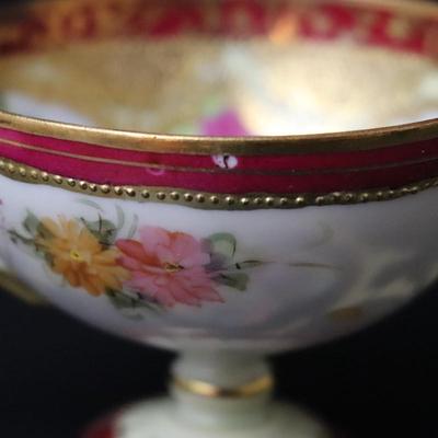 Rare Maple Leaf Stamp Antique Nippon Hand Painted Gold Red Pink Yellow Roses Ornate Teacup and Saucer Plate