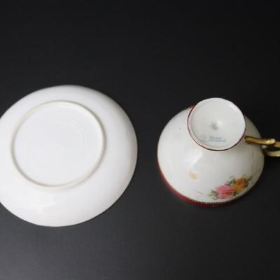 Rare Maple Leaf Stamp Antique Nippon Hand Painted Gold Red Pink Yellow Roses Ornate Teacup and Saucer Plate