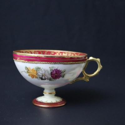 Rare Maple Leaf Stamp Antique Nippon Hand Painted Gold Red Pink Yellow Roses Ornate Teacup and Saucer Plate