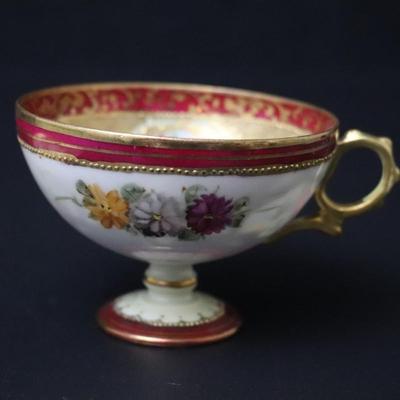 Rare Maple Leaf Stamp Antique Nippon Hand Painted Gold Red Pink Yellow Roses Ornate Teacup and Saucer Plate