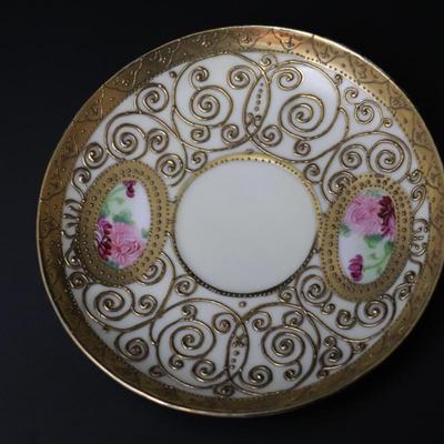Rare Maple Leaf Stamp Antique Nippon Hand Painted Gold Red Pink Yellow Roses Ornate Teacup and Saucer Plate