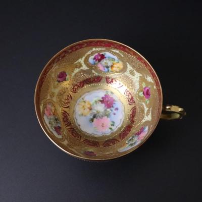 Rare Maple Leaf Stamp Antique Nippon Hand Painted Gold Red Pink Yellow Roses Ornate Teacup and Saucer Plate