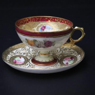Rare Maple Leaf Stamp Antique Nippon Hand Painted Gold Red Pink Yellow Roses Ornate Teacup and Saucer Plate