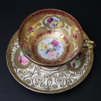 Rare Maple Leaf Stamp Antique Nippon Hand Painted Gold Red Pink Yellow Roses Ornate Teacup and Saucer Plate