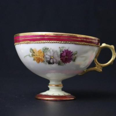 Rare Maple Leaf Stamp Antique Nippon Hand Painted Gold Red Pink Yellow Roses Ornate Teacup and Saucer Plate