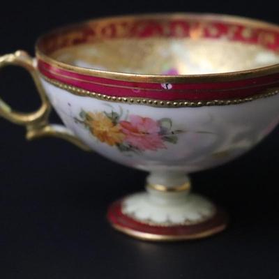 Rare Maple Leaf Stamp Antique Nippon Hand Painted Gold Red Pink Yellow Roses Ornate Teacup and Saucer Plate