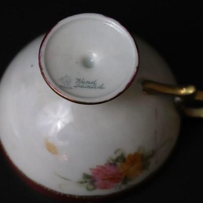 Rare Maple Leaf Stamp Antique Nippon Hand Painted Gold Red Pink Yellow Roses Ornate Teacup and Saucer Plate