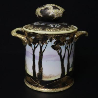Antique Maple Leaf Mark Nippon Hand Painted Porcelain Gold and Vibrant Landscape Lidded Container with Handles