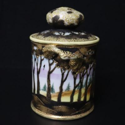 Antique Maple Leaf Mark Nippon Hand Painted Porcelain Gold and Vibrant Landscape Lidded Container with Handles