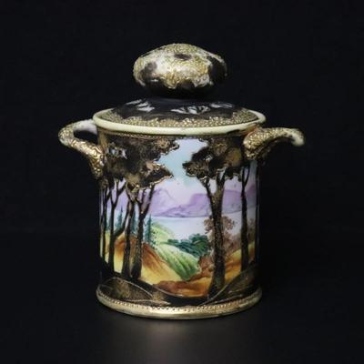 Antique Maple Leaf Mark Nippon Hand Painted Porcelain Gold and Vibrant Landscape Lidded Container with Handles
