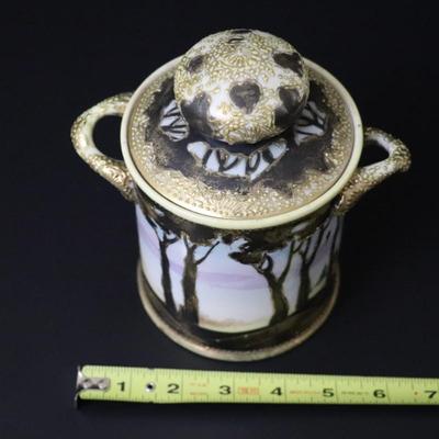 Antique Maple Leaf Mark Nippon Hand Painted Porcelain Gold and Vibrant Landscape Lidded Container with Handles